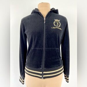 Juicy Couture Black Velour Cropped Zip Hoodie Gold Logo Detail Y2K Style - Sz L